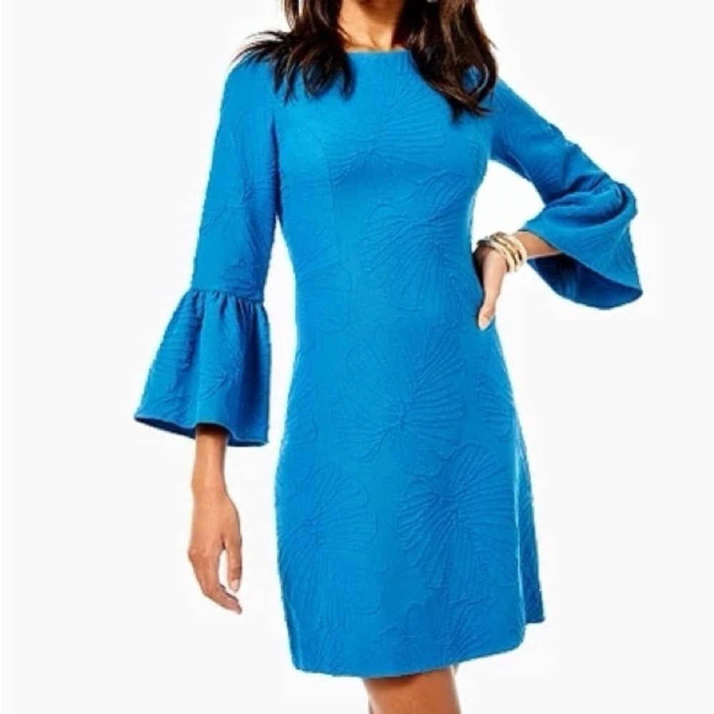 Lilly Pulitzer Viola Dress Macaw Blue Bell Sleeve Jacquard Preppy Feminine 2